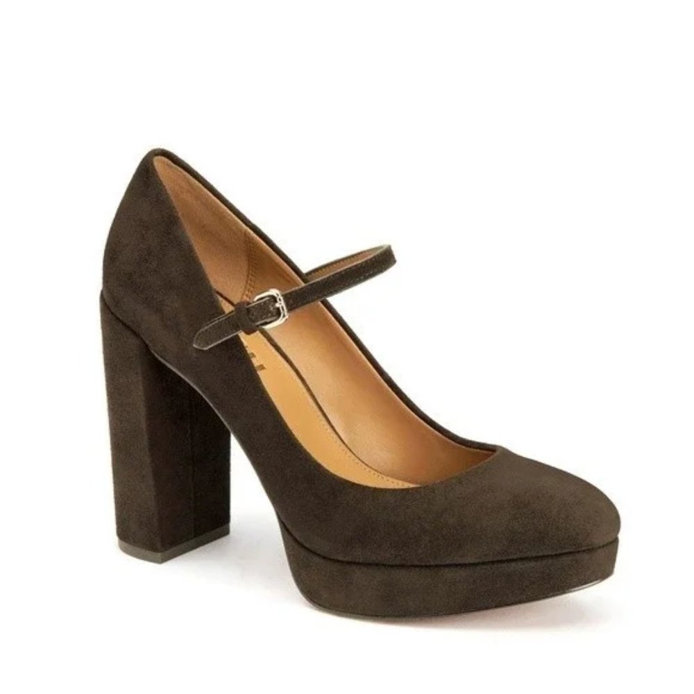 New! COACH Women's Mary Jane Platform Pumps Brown Suede Heels Shoes Chunky Heels